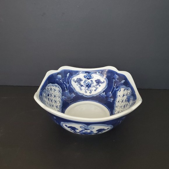 Rare Vintage Chinese Blueware Asian Porcelain Square Bowl Brocade Floral 7.5"W - Picture 1 of 8